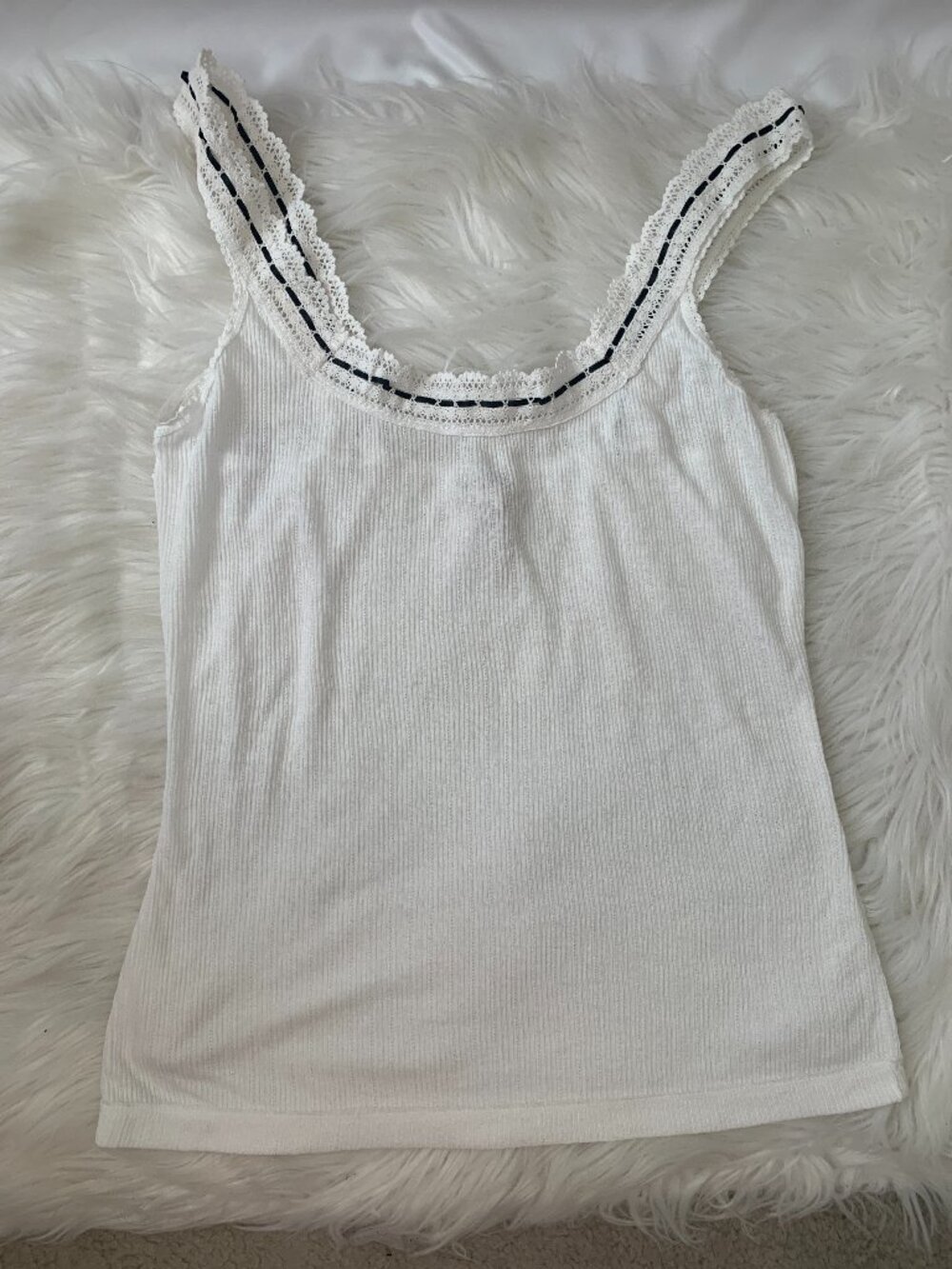 FREE PEOPLE INTIMATELY Only You Lace Trim Ribbed Tank Top in White/Black Sz L
